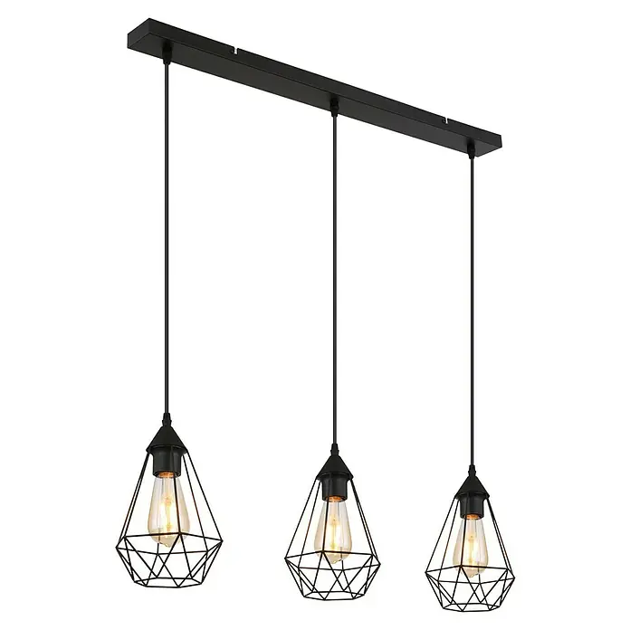 Globo Pendelleuchte - 60 W, L x B x H: 17 cm x 79 cm x 120 mm, E27 - Eine Pendelleuchte mit drei geometrischen Lampenschirmen und dekorativen Glühbirnen, die ein warmes Licht verbreiten.
