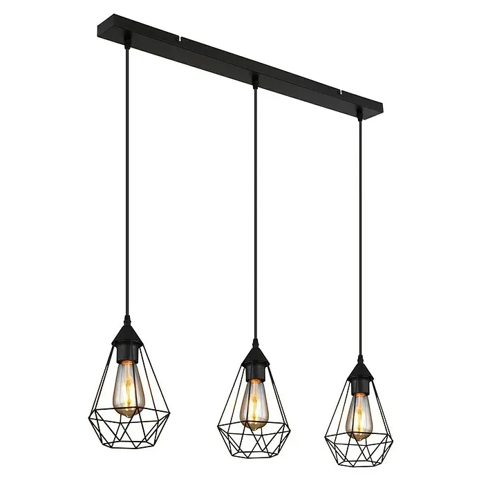 Globo Pendelleuchte - 60 W, L x B x H: 17 cm x 79 cm x 120 mm, E27 - Pendelleuchte mit drei Edison-Glühbirnen in geometrischen Käfigen, die von einer schwarzen Stange hängen.