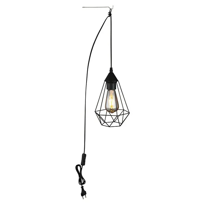 Globo Lámpara colgante LED redonda Zachar - 60 W, Ø x Al: 17 x 26 cm, Negro - Primer plano de una lámpara colgante industrial con pantalla geométrica y bombilla, suspendida de una varilla curvada.