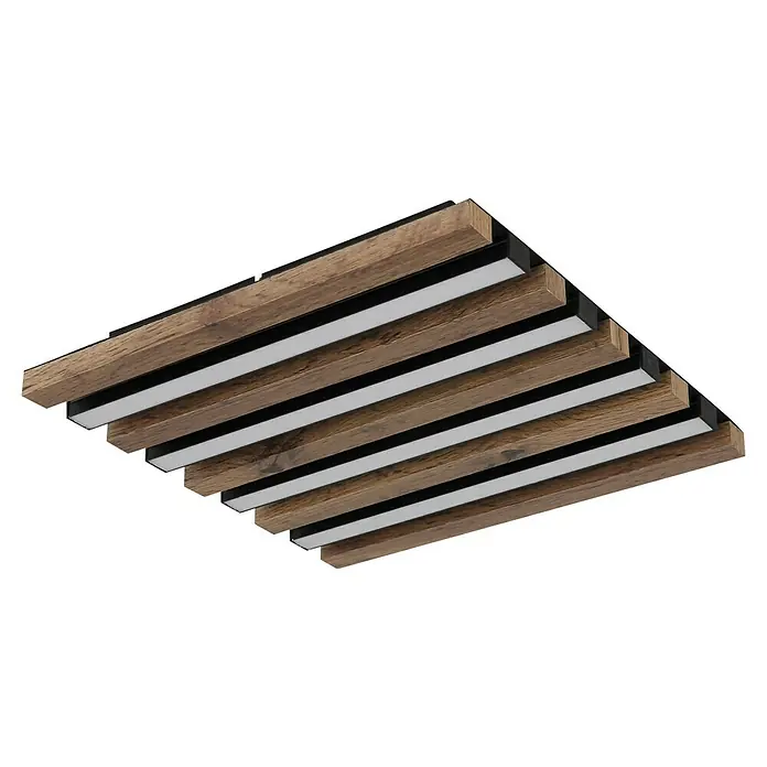 Globo LED-Deckenleuchte Hayden - 15 W, L x B x H: 30 x 30 x 5 cm, Warmweiß, 800 lm - Dieses Bild zeigt eine moderne Holzdecke mit integrierter Beleuchtung, die ein stilvolles Ambiente erzeugt.