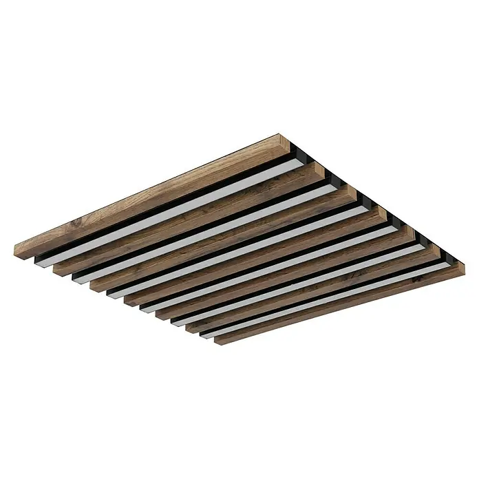 Globo LED-Deckenleuchte Hayden - 30 W, L x B x H: 45 x 45 x 5 cm, Warmweiß, 1.500 lm - Ansicht eines modernen Akustikpaneels mit Holzlatten und schwarzen Akzenten, ideal zur Schallabsorption und als attraktive Deckenverkleidung.