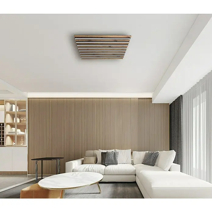 Globo Plafón LED Hayden - 40 W, L x An x Al: 60 x 60 x 6 cm, Marrón, Blanco cálido, 2.000 lm - Salón moderno con una elegante lámpara de techo de madera, que añade un toque cálido y natural. Mobiliario elegante complementa el diseño.