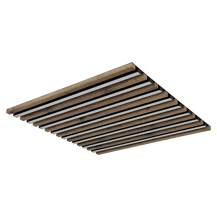 Globo Plafón LED Hayden - 40 W, L x An x Al: 60 x 60 x 6 cm, Marrón, Blanco cálido, 2.000 lm - Techo de madera con listones y espacios para un diseño interior moderno. Los detalles oscuros añaden un toque especial al diseño.