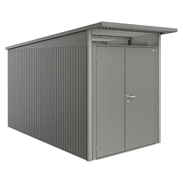 Biohort AvantGarde Gerätehaus AvantGarde A4 - Außenmaß inkl. Dachüberstand (B x T): 180 x 380 cm, Stahl, Quarzgrau Metallic, Doppeltür - Diagonale Ansicht