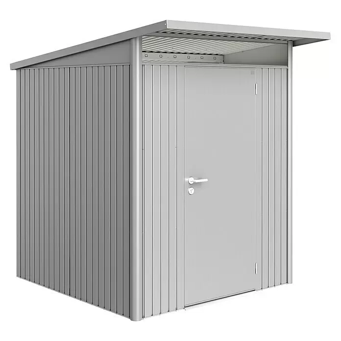 Biohort AvantGarde Gerätehaus A1 - Außenmaß inkl. Dachüberstand (B x T): 180 x 220 cm, Stahl, Silber Metallic, Einzeltür - Diagonale Ansicht