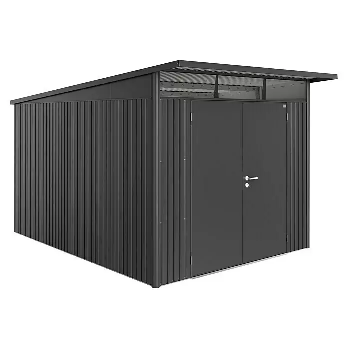 Biohort AvantGarde Gerätehaus AvantGarde A8 - Außenmaß inkl. Dachüberstand (B x T): 260 x 380 cm, Stahl, Dunkelgrau Metallic, Doppeltür - Diagonale Ansicht