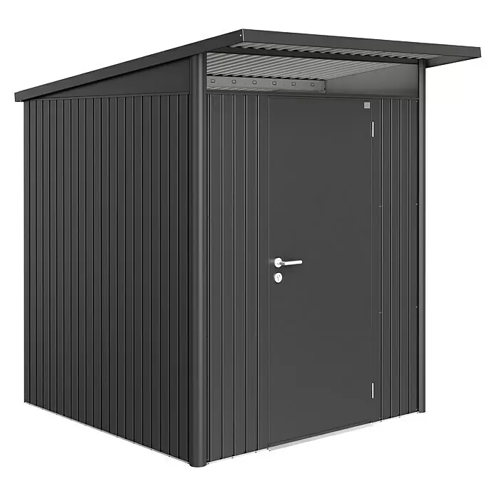 Biohort AvantGarde Gerätehaus AvantGarde A1 - Außenmaß inkl. Dachüberstand (B x T): 180 x 220 cm, Stahl, Dunkelgrau Metallic, Einzeltür - Diagonale Ansicht