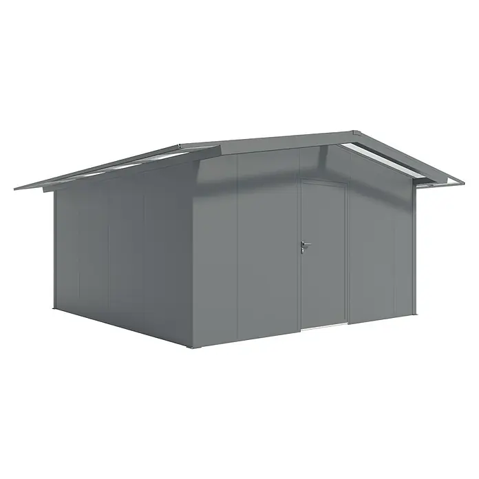 Wismar-NFI Gerätehaus Coquelicot 44 - Außenmaß inkl. Dachüberstand (B x T): 485 x 485 cm, Stahl, Anthrazit/Weiß - Außenaufnahme eines grauen Geräteschuppens mit Doppeltür und Giebeldach, ideal für die Gartenaufbewahrung und Werkzeuglagerung im Freien.