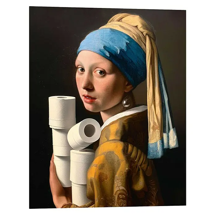 Reinders Holzbild - Pearl Girl Paper, B x H: 40 x 50 cm - "Mädchen mit der Toilettenpapierrolle": Humorvolle Anspielung auf das berühmte Gemälde mit Toilettenpapier statt Perle.