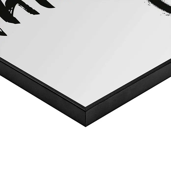 Reinders Bild Slim Frame - Don´t Worry, B x H: 20 x 30 cm - Nahaufnahme eines gerahmten Kunstwerks, das einen Teil eines abstrakten schwarzen Designs auf weißem Grund zeigt, perfekt für moderne Wanddekoration.
