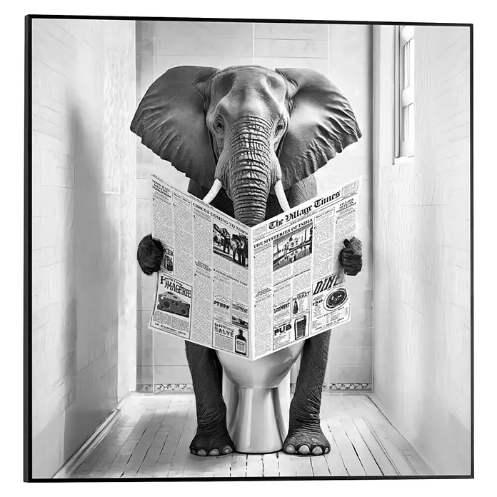 Reinders Bild Slim Frame - Elephant Toilet, B x H: 50 x 50 cm - Schwarz-Weiß-Foto eines Elefanten, der auf einer Toilette sitzt und eine Zeitung liest, eine humorvolle und unerwartete Szene.