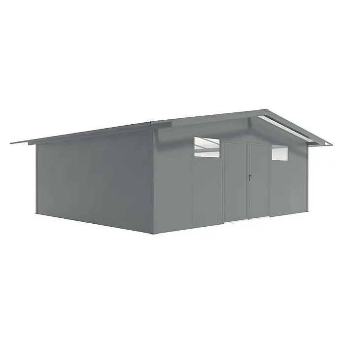 Wismar-NFI Gerätehaus Pisselint 65 - Außenmaß inkl. Dachüberstand (B x T): 685 x 585 cm, Stahl, Anthrazit/Weiß - Graues Gartenhaus mit Doppeltür und zwei Fenstern, ideal für die Aufbewahrung von Gartengeräten und -möbeln im Außenbereich.