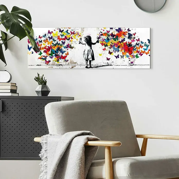 Reinders Holzbild - Girl Spraying, B x H: 90 x 30 cm - Wandbild mit Graffiti einer sprayenden Mädchensilhouette und bunten Schmetterlingen, modernes Kunstwerk für stilvolle Innenräume.