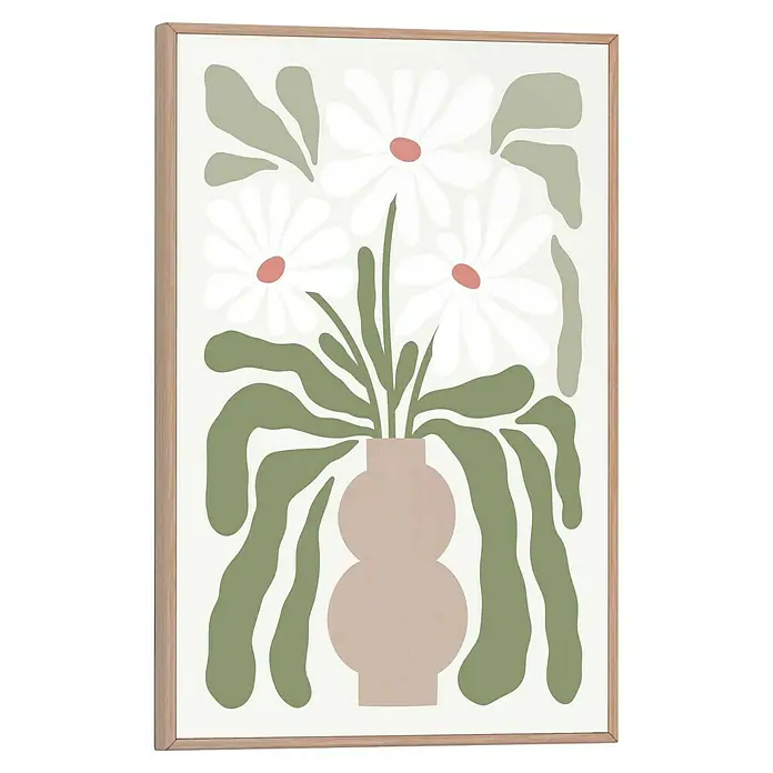 Reinders Bild Slim Frame - Abstract Flowers, B x H: 20 x 30 cm - Ein gerahmtes Gemälde mit weißen Blumen mit rosa Akzenten in einer hellbraunen Vase mit grünen Blättern vor einem cremefarbenen Hintergrund.