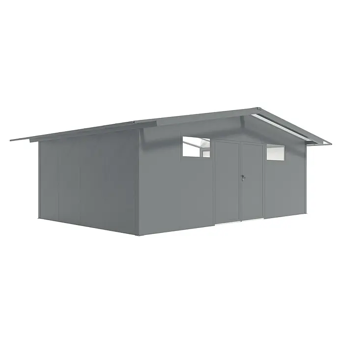 Wismar-NFI Gerätehaus Pisselint 64 - Außenmaß inkl. Dachüberstand (B x T): 685 x 485 cm, Stahl, Anthrazit/Weiß - Ansicht eines grauen Metallgartenschuppens mit Doppeltür und Fenstern an der Seite, ideal für die Aufbewahrung im Freien.