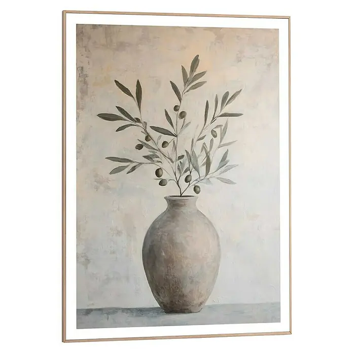 Reinders Bild Slim Frame - Olive Still, B x H: 50 x 70 cm - Elegantes Wandbild: Ein detailreiches Gemälde mit Olivenzweigen in einer beigen Vase, gerahmt und bereit zur Aufwertung jeder Räumlichkeit.