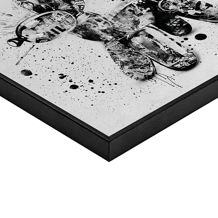 Reinders Bild Slim Frame - Street Art Dog, B x H: 50 x 50 cm - Detailaufnahme eines gerahmten Kunstwerks in Schwarzweiß. Abstrakte Formen und Farbkleckse dominieren die Bildfläche.