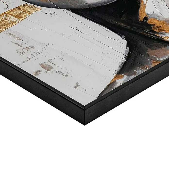 Reinders Bild Slim Frame - Stylish Lady, B x H: 40 x 50 cm - Nahaufnahme eines gerahmten Kunstwerks mit abstrakten Farbtupfern in Gold, Weiß und Schwarz, die eine moderne Ästhetik zeigen.