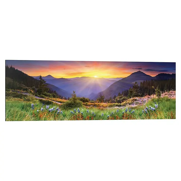 Reinders Holzbild - Swiss Mountains, B x H: 90 x 30 cm - Panoramaaufnahme einer malerischen Berglandschaft bei Sonnenaufgang, die die natürliche Schönheit hervorhebt.
