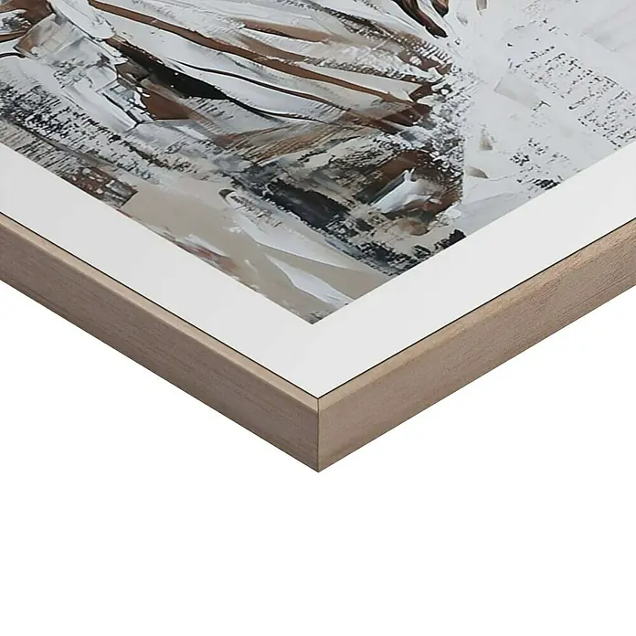 Reinders Bild Slim Frame - Morning Reading, B x H: 50 x 70 cm - Detailaufnahme eines gerahmten Kunstwerks. Der Rahmen ist aus hellem Holz und das Kunstwerk ist abstrakt mit braunen, schwarzen und weißen Farbtönen.
