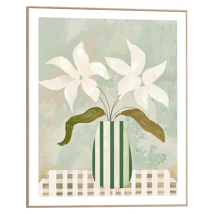 Reinders Bild Slim Frame - Table Flowers, B x H: 40 x 50 cm - Das Kunstwerk zeigt eine grüne Vase mit weißen Blumen auf einem karierten Tisch, eingerahmt in einem schlichten, hellen Rahmen.