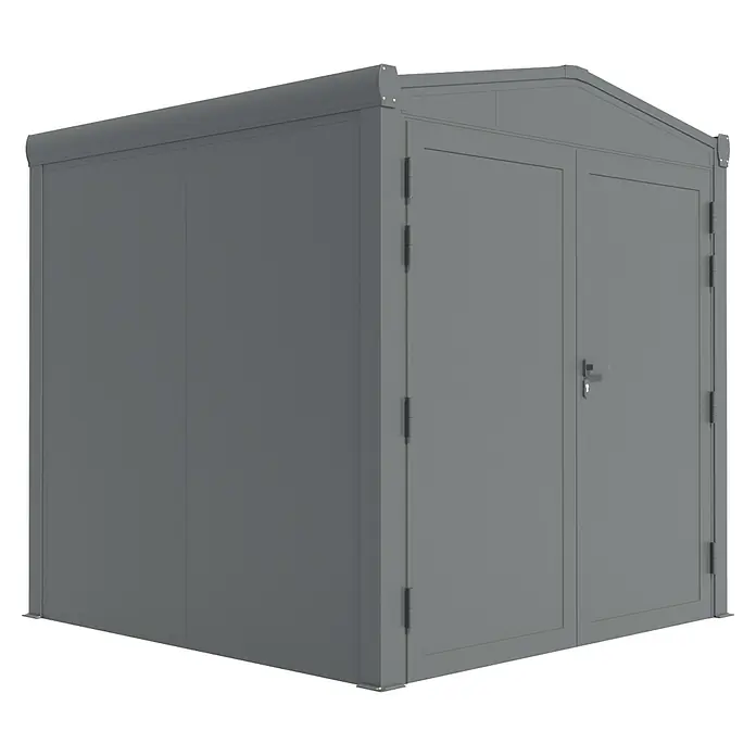 Wismar-NFI Gerätehaus Aster 2V - Außenmaß inkl. Dachüberstand (B x T): 225 x 225 cm, Stahl, Anthrazit/Weiß, Doppeltür - Ein geräumiger, grauer Geräteschuppen mit Doppeltür und stabilen Wänden für Gartenwerkzeuge und mehr. Optimale Lagerlösung für den Außenbereich.