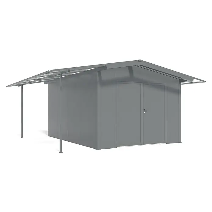 Wismar-NFI Gerätehaus Marguerite 34 - Außenmaß inkl. Dachüberstand (B x T): 505 x 485 cm, Stahl, Anthrazit/Weiß - Metall Gerätehaus mit Doppeltür, ideal für die Gartenaufbewahrung. Robuste Konstruktion mit schützendem Vordach für zusätzlichen Stauraum.