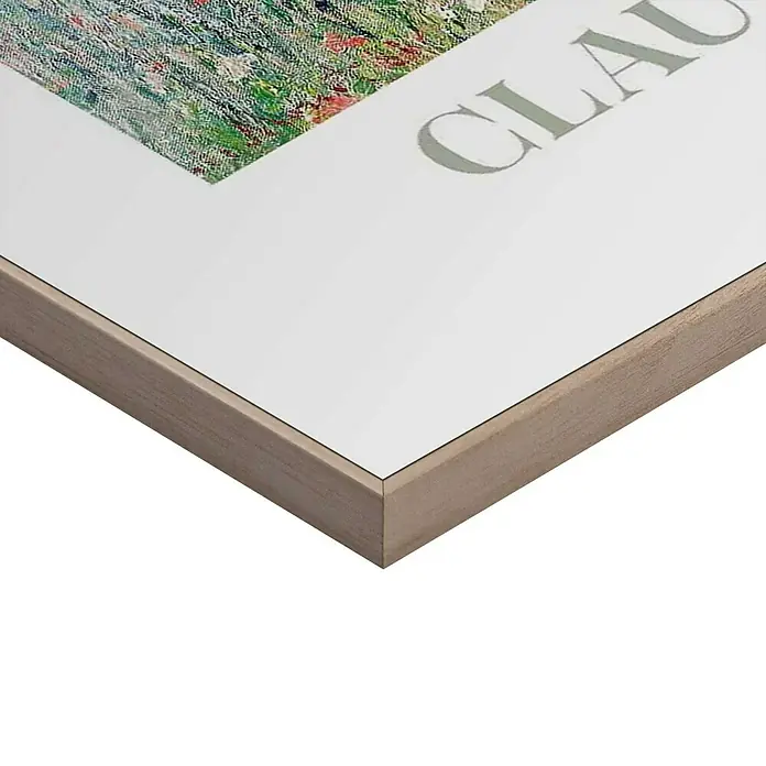 Reinders Bild Slim Frame - Monet Landscape, B x H: 50 x 70 cm - Nahaufnahme eines gerahmten Kunstdrucks mit einem hellen Holzrahmen und dem Namen des Künstlers "Claude" auf dem Passepartout.