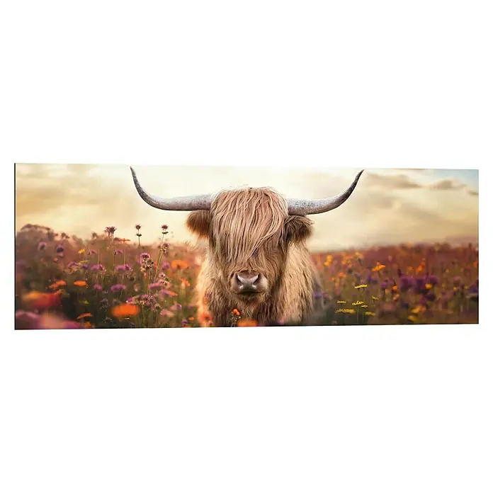 Reinders Holzbild - Spring Highlander, B x H: 90 x 30 cm - Nahaufnahme eines Highland-Rinds mit beeindruckenden Hörnern auf einer Blumenwiese. Das Fell des Rinds ist zottelig und hellbraun.