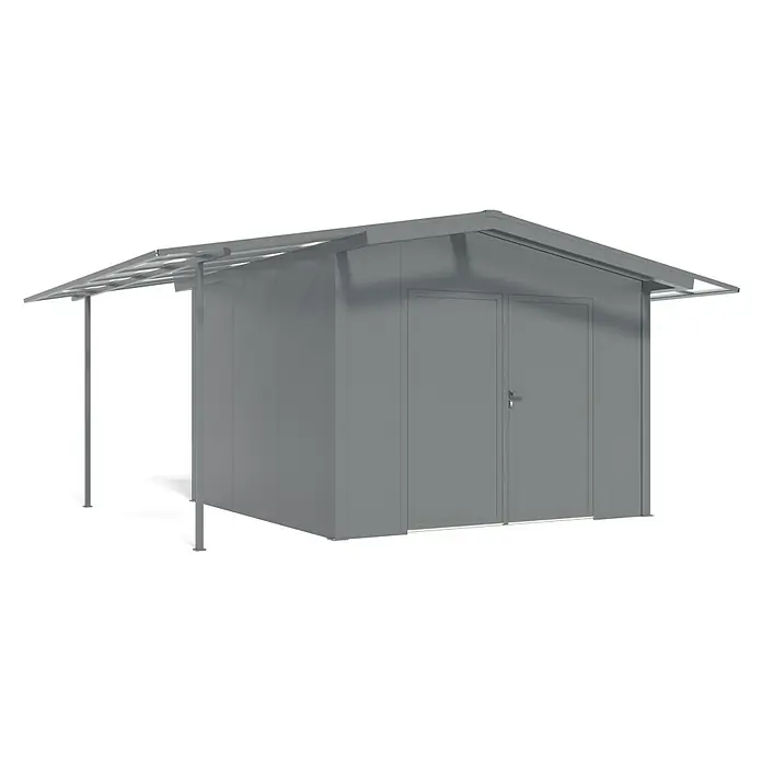 Wismar-NFI Gerätehaus Marguerite 33 - Außenmaß inkl. Dachüberstand (B x T): 505 x 385 cm, Stahl, Anthrazit/Weiß - Ein grauer Geräteschuppen mit Doppeltür und Vordach für den Garten, perfekt für die Aufbewahrung von Werkzeugen und Gartengeräten.