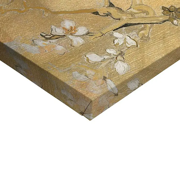 Reinders Leinwandbild - Van Gogh Almond, B x H: 70 x 50 cm - Nahaufnahme einer Leinwanddruckkunst mit floralem Motiv in Goldtönen, die Detailgenauigkeit und Textur des Drucks hervorhebt.