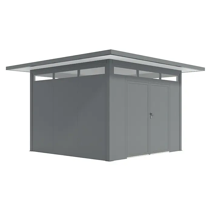 Wismar-NFI Gerätehaus Trefle 33 - Außenmaß inkl. Dachüberstand (B x T): 425 x 425 cm, Stahl, Anthrazit/Weiß - Grauer Gartenschuppen mit Doppeltür und Oberlichtern unter einem überhängenden Dach für Gartenutensilien.