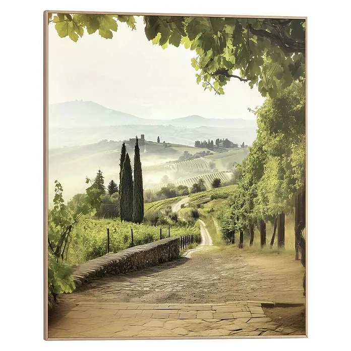 Reinders Bild Slim Frame - Tuscany Vibes, B x H: 40 x 50 cm - Idyllisches Landschaftsbild: Ein Weg führt durch grüne Hügel, Weinberge und Zypressen, gerahmt von malerischer Vegetation.