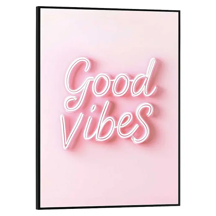 Reinders Bild Slim Frame - Pink Vibes, B x H: 30 x 40 cm - Ein gerahmtes Poster mit der Aufschrift "Good Vibes" in rosa Neonlichtschrift auf rosafarbenem Hintergrund. Das Poster strahlt positive Energie aus.