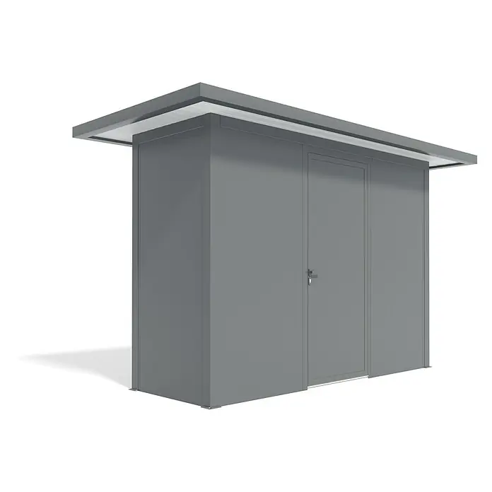 Wismar-NFI Gerätehaus Iris 31-1V - Außenbreite inkl. Dachüberstand: 425 cm, Außentiefe inkl. Dachüberstand: 225 cm, Stahl, Anthrazit/Weiß - Grauer Geräteschuppen mit Tür und Flachdach. Ideale Lösung für Garten oder Hof, um Werkzeuge und andere Gegenstände sicher zu lagern.