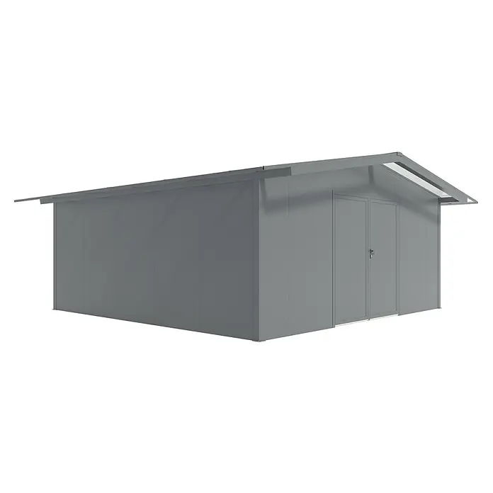 Wismar-NFI Gerätehaus Bouton 55 - Außenmaß inkl. Dachüberstand (B x T): 585 x 585 cm, Stahl, Anthrazit/Weiß - Ein geräumiger Geräteschuppen in schlichtem Grau, ideal für die Gartenaufbewahrung. Das moderne Design fügt sich nahtlos in jeden Garten ein.
