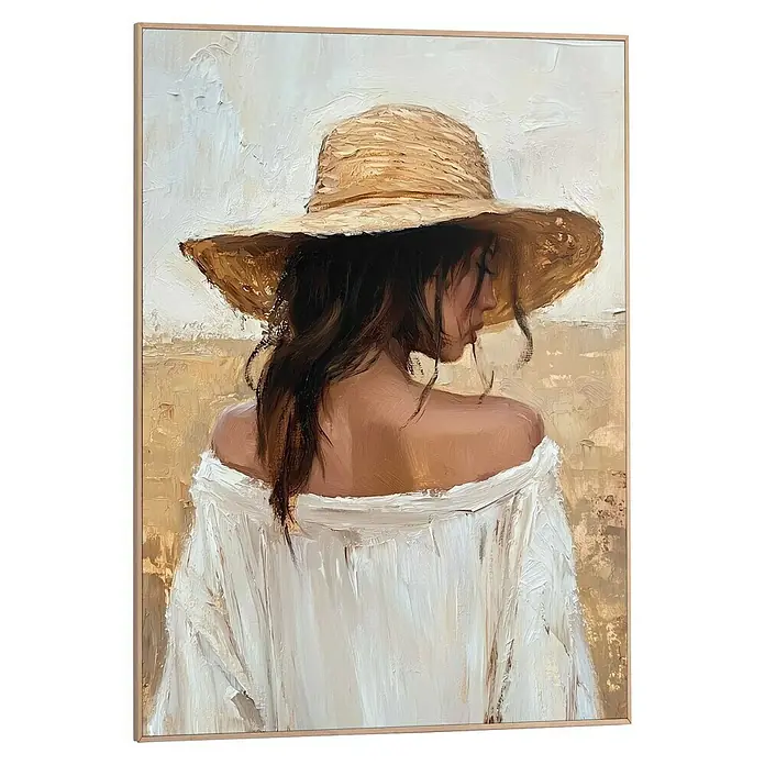 Reinders Bild Slim Frame - Summer Lady, B x H: 50 x 70 cm - Gemälde einer Frau mit Strohhut und weißem Kleid, das die Textur und die entspannte Eleganz des Kunstwerks hervorhebt.