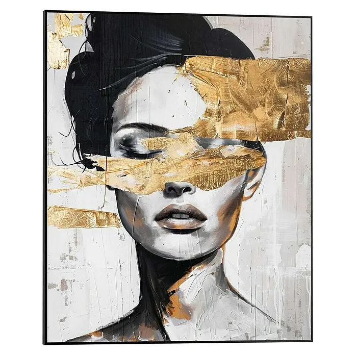 Reinders Bild Slim Frame - Stylish Lady, B x H: 40 x 50 cm - Gemälde einer Frau mit goldenen Akzenten, das eine Mischung aus Realismus und Abstraktion darstellt. Ausdrucksstarke Kunst, die moderne Ästhetik verkörpert.