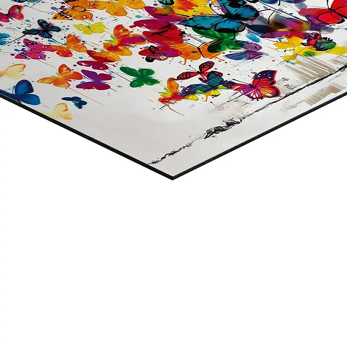 Reinders Holzbild - Girl Spraying, B x H: 90 x 30 cm - Lebendiges, abstraktes Kunstwerk mit zahlreichen bunten Schmetterlingen in Rot, Orange, Gelb, Grün, Blau und Pink.