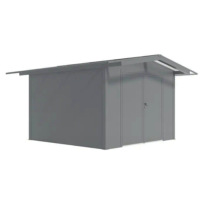 Wismar-NFI Gerätehaus Bouton 33 - Außenmaß inkl. Dachüberstand (B x T): 385 x 385 cm, Stahl, Anthrazit/Weiß - Das Bild zeigt ein graues Metallgartenhaus mit Doppeltür und einem schrägen Dach, ideal für die Aufbewahrung von Gartengeräten und Werkzeugen.