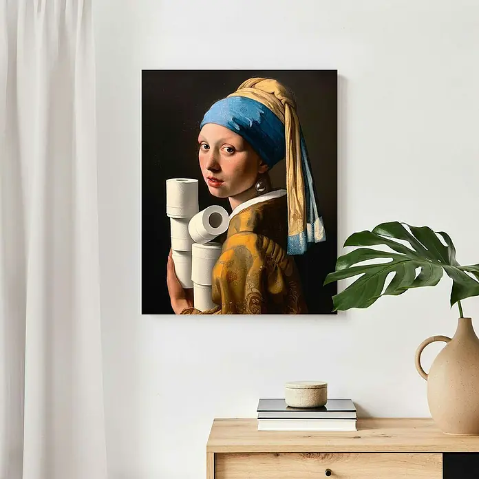 Reinders Holzbild - Pearl Girl Paper, B x H: 40 x 50 cm - Wandkunst mit humorvollem "Mädchen mit dem Perlenohrgehänge"-Motiv, das Toilettenpapier anstelle einer Perle zeigt. Eine witzige Dekoration für das moderne Zuhause.