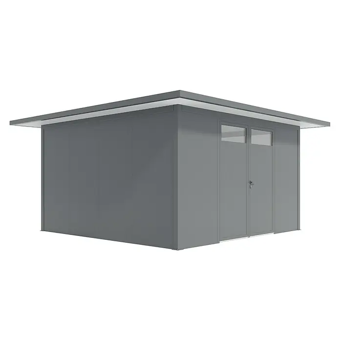 Wismar-NFI Gerätehaus Pensee 44 - Außenmaß inkl. Dachüberstand (B x T): 525 x 525 cm, Stahl, Anthrazit/Weiß - Das Bild zeigt einen grauen Geräteschuppen mit Doppeltür und kleinen Fenstern, ideal für die Gartenaufbewahrung und Werkzeuglagerung im Außenbereich.