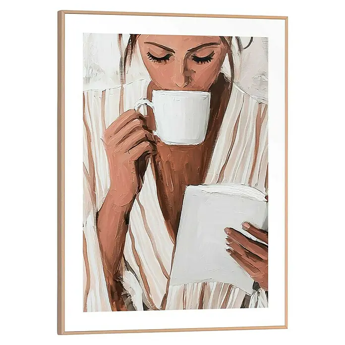 Reinders Bild Slim Frame - Relaxing Time, B x H: 30 x 40 cm - Nahaufnahme eines gerahmten Gemäldes einer Frau im Morgenmantel, die eine Tasse hält und ein Buch liest, was eine friedliche Szene darstellt.