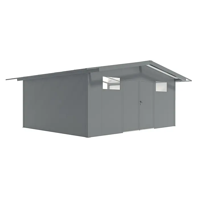 Wismar-NFI Gerätehaus Pisselint 54 - Außenmaß inkl. Dachüberstand (B x T): 585 x 485 cm, Stahl, Anthrazit/Weiß - Eine graue Gartengerätebox mit zwei Fenstern und Doppeltüren ist auf dem Bild zu sehen. Das Gerätehaus hat ein schlichtes Design mit einem Satteldach.