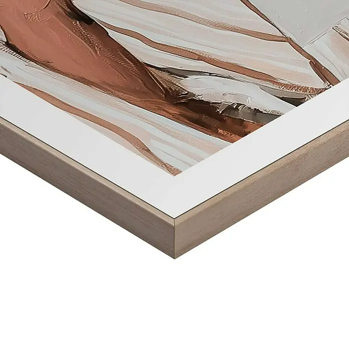Reinders Bild Slim Frame - Relaxing Time, B x H: 30 x 40 cm - Nahaufnahme eines gerahmten Kunstwerks mit einem modernen, abstrakten Design in warmen Braun- und Beigetönen, das in einem Holzrahmen mit weißem Passepartout präsentiert wird.