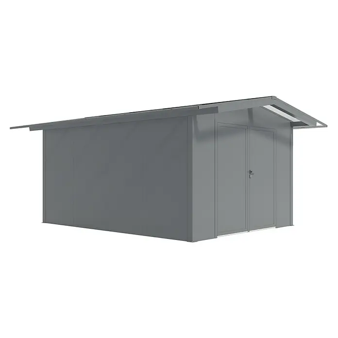 Wismar-NFI Gerätehaus Bouton 34 - Außenmaß inkl. Dachüberstand (B x T): 385 x 485 cm, Stahl, Anthrazit/Weiß - Ein graues Metallgartenhaus mit Doppeltüren und einem leicht geneigten Dach für die Aufbewahrung von Gartengeräten und -möbeln.