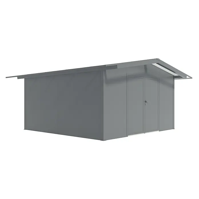 Wismar-NFI Gerätehaus Bouton 44 - Außenmaß inkl. Dachüberstand (B x T): 485 x 485 cm, Stahl, Anthrazit/Weiß - Eine graue Gartenhütte mit Doppeltür und einem schrägen Dach. Das Gartenhaus bietet Stauraum für Gartengeräte und -möbel.