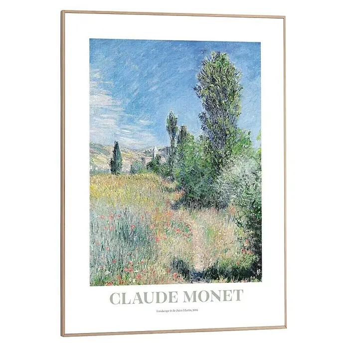 Reinders Bild Slim Frame - Monet Landscape, B x H: 50 x 70 cm - Ein gerahmtes Kunstplakat von Claude Monet, "Landschaft in Ile Saint-Martin, 1881", das eine üppige Feldlandschaft unter blauem Himmel zeigt.