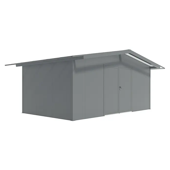 Wismar-NFI Gerätehaus Bouton 53 - Außenmaß inkl. Dachüberstand (B x T): 585 x 385 cm, Stahl, Anthrazit/Weiß - Ansicht eines grauen Metall-Geräteschuppens mit Doppeltür und Vordach, ideal für die Gartenaufbewahrung und Werkzeuglagerung.