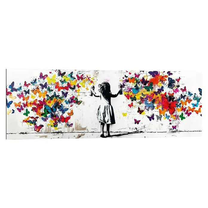 Reinders Holzbild - Girl Spraying, B x H: 90 x 30 cm - Streetart-Kunstwerk mit einem Mädchen, das mit Sprühdosen farbenprächtige Schmetterlinge auf eine Wand malt, ein lebendiger Ausdruck von Freiheit.
